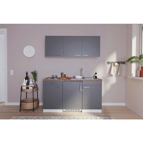 Respekta Miniküche Singleküchen , Grau , Kunststoff , 1 Schubladen , nur wie online abgebildet bestellbar, seitenverkehrt montierbar , E , 150 cm ,