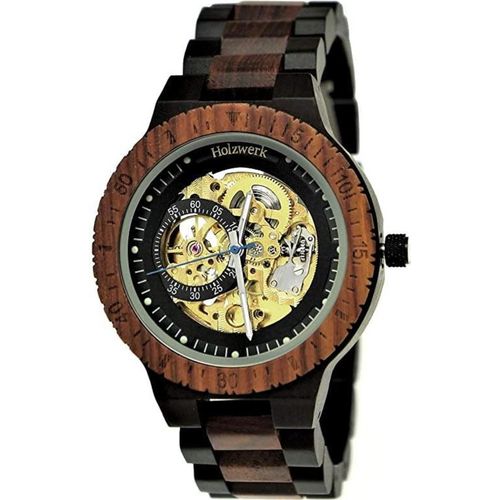 Holzwerk DASSEL Herren Holz Automatik Handaufzug Uhr, schwarz, braun, gold