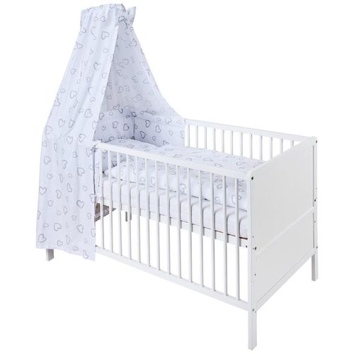 My Baby Lou Gitterbett-Komplettset , Weiß , Textil , 6-teilig , Buche , massiv , Herz , Höhe ca. 5 cm , Füllung: Viskoelastischer Kern , 74.5x82x144.5