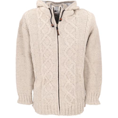 Strickjacke, Wolljacke, Nepaljacke mit Zopfmuster, Baumwollfutter - Naturweiß, Herren, Creme-weiß, Wolle, Größe: XL