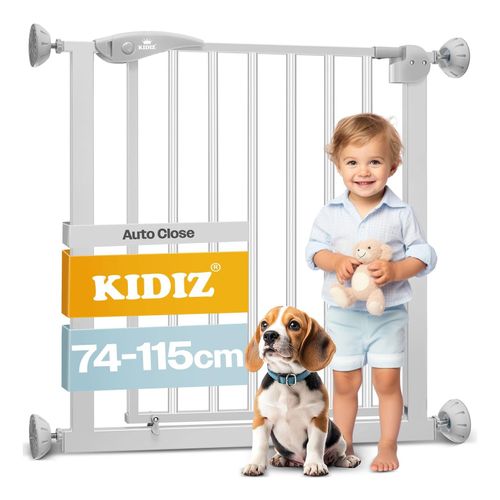 KIDIZ® Schutzgitter für Treppen Tür, Auto Close Kindertreppengitter ohne Bohren 90° Stop, Absperr Türschutzgitter, schwenkbare Trennwand, Treppenschutzgitter, Klemmen