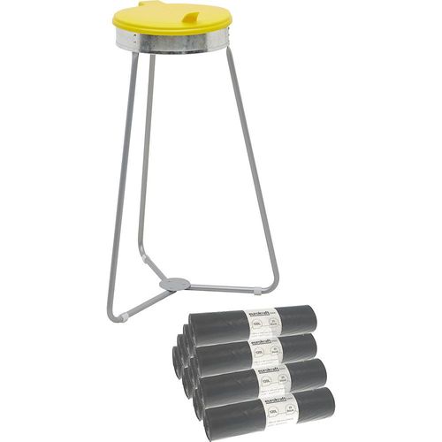 eurokraft basic Müllsackhalter mit Abfallsäcken, Volumen 120 l, 10 Rollen à 25 Stk, Deckel gelb, Abfallsäcke schwarz