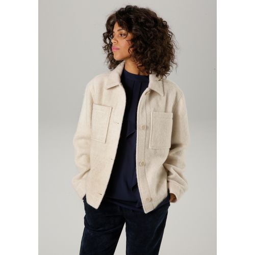 Fleecejacke ANISTON CASUAL, Damen, Gr. 40, beige (hellbeige), Fleece, Obermaterial: 90% Polyester, 10% Wolle, aufgeraut, unifarben, lässig geschnitten hüftlang, 1-Knopf-Manschette, Jacken, mit tonigen Knöpfen zu schließen, Topseller