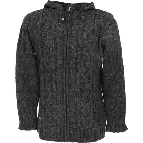 Strickjacke, Wolljacke, Nepaljacke mit Zopfmuster, Baumwollfutter - Dunkelgrau, Herren, Wolle, Größe: L