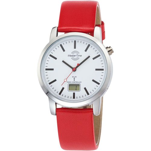 Funkuhr MASTER TIME, rot, Armbanduhren, Herren, Quarzuhr, Armbanduhr, Herrenuhr, Lederarmband, analog, digital