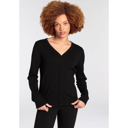 Strickjacke FLASHLIGHTS, Damen, Gr. 52/54, schwarz, Feinstrick, Obermaterial: 50% Baumwolle, 50% Polyacryl, clean, unifarben, Basic, figurbetont hüftlang, V-Ausschnitt, Rippbündchen, Strickjacken, mit V-Ausschnitt und Knopfleiste