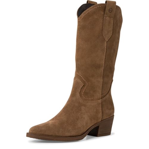 Westernstiefel TAMARIS, Damen, Gr. 38, Normalschaft, braun, Veloursleder, unifarben, Schuhe Cowboystiefel Reißverschlussstiefel, Blockabsatz, Cowboystiefel in spitzer Form, Topseller