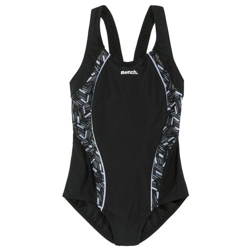 Badeanzug BENCH., Kinder, Gr. 122/128, N-Gr, schwarz (schwarz bedruckt), Recycling-Polyamid, Farbeinsatz, bedruckt, unifarben, Badeanzüge, mit geometrische bedruckten Einsätzen