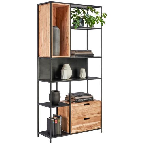Landscape Regal, Schwarz, Akazie, Holz, Metall, Akazie, massiv, 2 Schublade(n) Schubladen, 90x185x34 cm, Wohnzimmer, Regale, Bücherregale