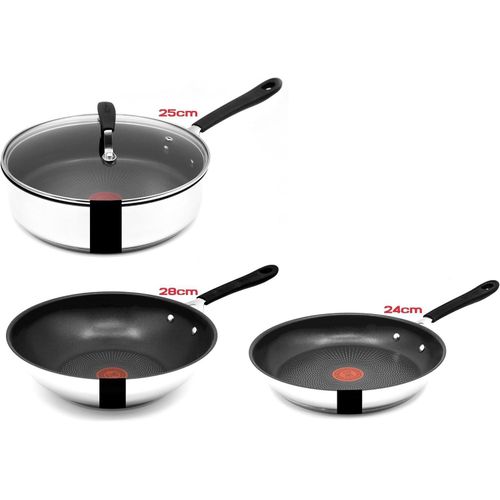 Tefal Pfannen-Set Jamie Oliver E30 Pfannen Set Wok 28cm + Pfanne 24cm+ Schmorpfanne 25cm, Edelstahl 18/10 (Inkl. 1 Wender & Filzschoner)