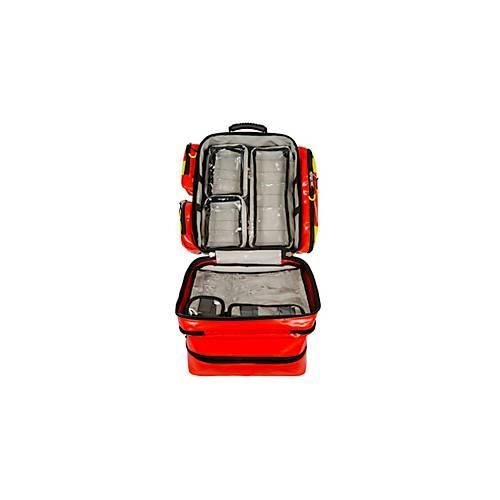 Defibrillator-Rucksack MedX5, ergonomisch, Innen- und Seitentaschen, gepolsterte Tragegurte und Tragegriff, ohne Inhalt, B 530 x T 210 x H 530 mm, gelb-rot