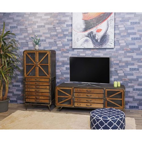 Wohnzimmer-Set MCW-F91, TV-Rack Kommode Highboard Hochschrank, Industrial Tanne Holz Metall, braun-schwarz