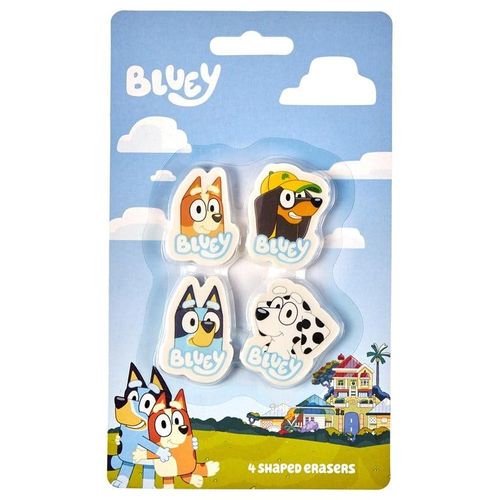 Euromic Bluey 4-pack erasers - 4 shaped erasers packed in acetate box with eurohole (size of box 5.2 x 16 cm) CE & 0-3 years pictogram