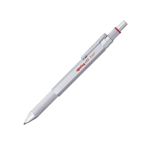 Rotring rOtring 6 3-in-1-Schreibgerät mit Kugelschreiber und Druckbleistift | Kugelschreiber mit 2 feinen Spitzen (schwarze und rote Tinte) | 1 Druckbleistift mit Spitze (,5-mm-Mine) | Silber