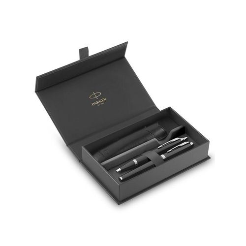 Parker IM Duo Pen Gift Set | Fountain Pen Ballpoint Pen & Pen Pouch | Black Lacquer Finish with Chrome Trims | Medium Tip