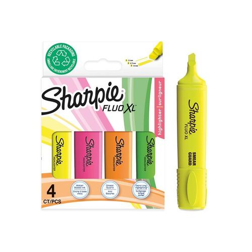 Sharpie Fluo XL Textmarker | Keilspitze | sortierte fluoreszierende Farben | 4 Stück