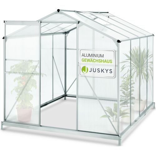 Juskys Aluminium Gewächshaus mit Fundament für Garten - 4,75 qm - 190 × 253 cm - 1 Dachfenster & Schiebetür - 4 mm Platten