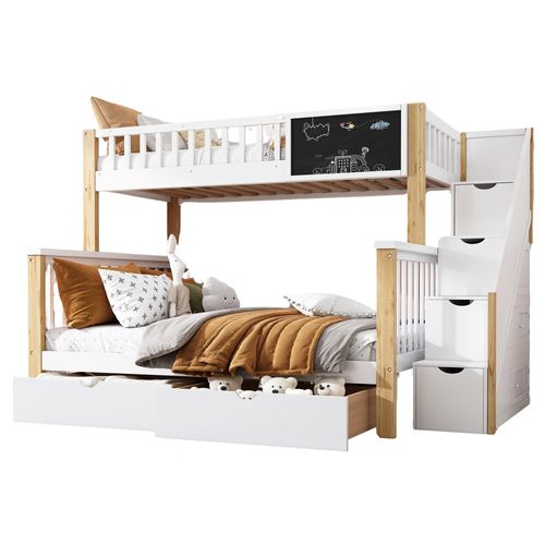 Kinder-Etagenbett, Doppelbett, multifunktionales Kinderbett, mit Tafel und Schubladen, ohne Matratze, weiß+helle Eiche, 90*200+140*200cm