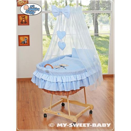 Babykorb mit Baldachin - Teddybär mit blauer Schleife