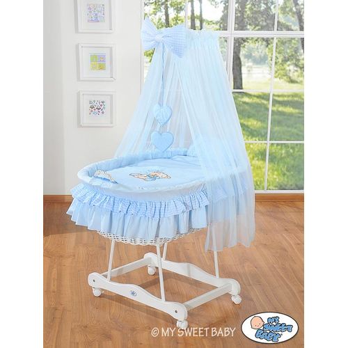 Babykorb mit Baldachin - Teddybär mit blauer Schleife