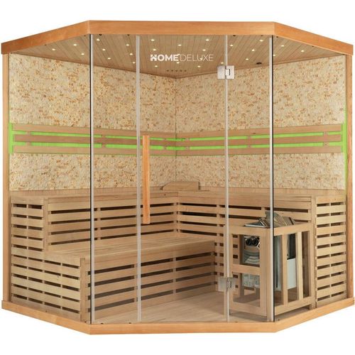 HOME DELUXE - Traditionelle Sauna - Skyline XL Big Kunststeinwand - 200 x 200 x 210 cm, für 2-6 Personen, Hemlocktanne, inkl. Saunazubehör I Dampfsauna Aufgusssauna Finnische Sauna Sauna