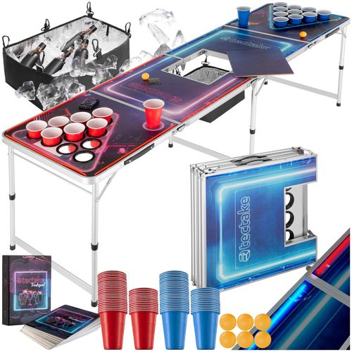 tectake® Aluminium Bierpongtisch, mit Eisfach, Becherlöchern, LED-Beleuchtung, bodenschonende Kunststofffüße, inklusive 100 Bechern, 6 Bällen und Kartentrinkspiel