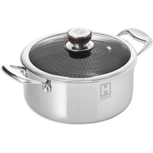 Kochtopf HENSSLERS, silber, B:34,5cm H:17cm L:26cm Ø:24cm, Töpfe, Fleischtopf, Ø 24 cm, 5,0 Liter, 3-Schicht Material mit Wabenstruktur, Induktion