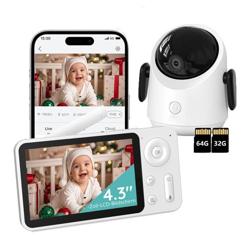 Babyphone mit Kamera 360° WLAN 2MP Video Babyfon mit App 4×Zoom Bewegungsverfolgung IR Nachtsicht Weinen/Bewegungs/Geräuscherkennung mit 32G&64G