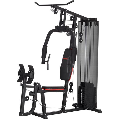 Kraftstation, Multifunktionale Fitnessstation mit Latzug- & Butterflystange, Beinpresse, Fitnessgerät mit 45 kg Gewichtsblöcken für Zuhause, Schwarz