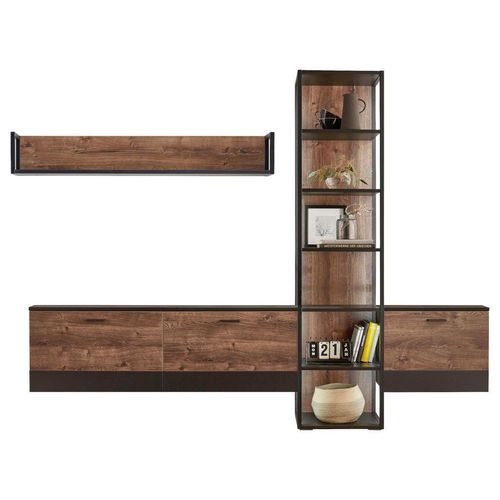 Cantus Wohnwand , Eiche, Dunkelgrau , Metall , 6 (Regal) Fächer , 279x204x37 cm , Typenauswahl, Beimöbel erhältlich, stehend, hängend , Wohnzimmer,