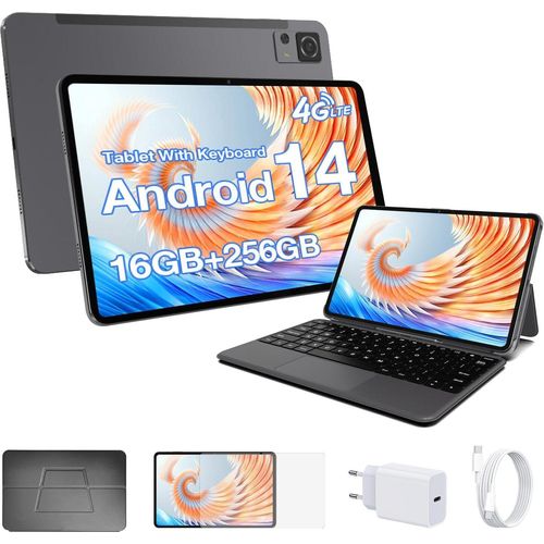 Tablet 12 Zoll Tastatur, 4G LTE 2-in-1 (Anrufe tätigen), 16GB RAM, 256GB ROM, Android 14 Phablet, GSM Unlocked, FHD 2K Display, Octa Core, Gaming Tablet,