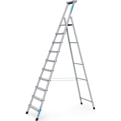 ZARGES Profi-Stufenleiter, einseitig begehbar, Aluminium eloxiert, mit Werkzeugablage, für Handwerk und Industrie, 10 Stufen inkl. Plattform