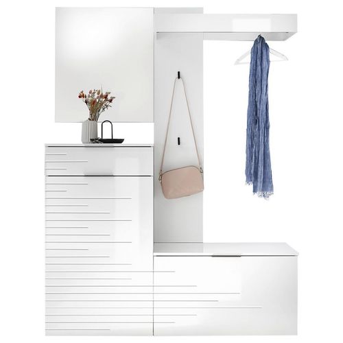 Garderobe , Weiß, Weiß Hochglanz , Holzwerkstoff , 4-teilig , 140x190x38 cm , Garderobe, Garderoben-Sets & Serien, Garderoben-Sets
