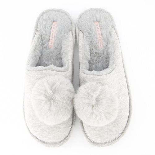 Graue Hausschuhe mit Bommel