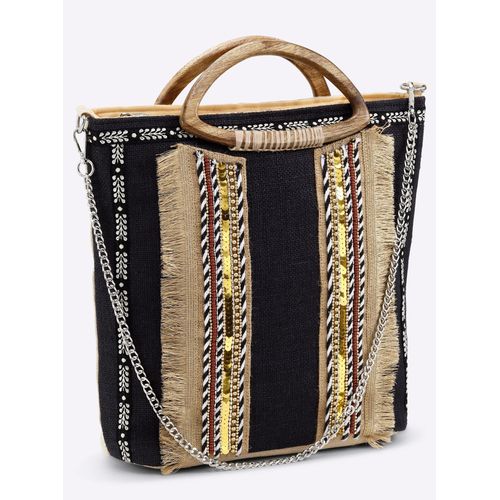 Handtasche HEINE, Damen, Gr. B/H/T: 40cm x 35cm x 12cm, schwarz (natur, schwarz), Jute, gemustert, Taschen