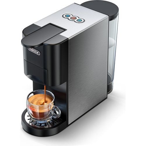 HiBREW 5-in-1 Elektrische Kaffeemaschine, 19 Bar, Mini-Kaltbr¹h- und Heizkaffeemaschine mit abnehmbarem 800 ml/27 oz Wassertank, Espressokaffeemaschine, funktioniert mit NES/DG/ESE-Kapseln, K-Cup-Pads und gemahlenem Kaffee