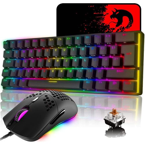 RGB 14 Hintergrundbeleuchtungseffekte Mini 62 Tasten Kabel Typ C + Leichtes RGB 6400DPI Wabenmaus + Mauspad Kompatibel mit PS4, Xbox, PC, Laptop, MAC