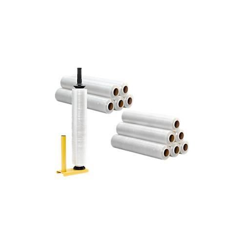 Sparset Handabroller für Stretchfolie + 12 Rollen Stretchfolie, Abroller für Rollen mit B 450-500 mm, Stahl, Stretchfolie L 300 m x B 500 mm, PE