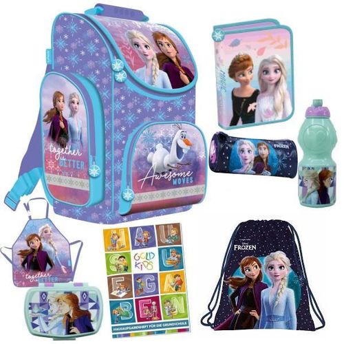 Schulranzen Set XXL 12er Ranzen Tornister Federmappe Turnbeutel Brotdose Trinkflasche Zuckertüte Schürze Stiftetasche Aufgabenheft für die Grundschule Frozen Eiskönigin Motiv