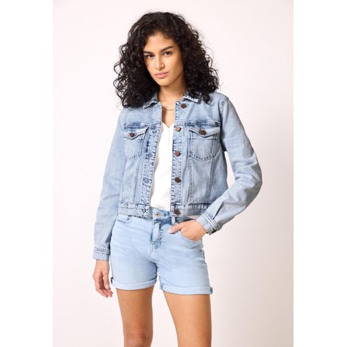 Jeansjacke STREET ONE STUDIO, Damen, Gr. 34, ultrableached wash, Jeans, 98% Baumwolle, 2% Elasthan, unifarben, normal kurz, V-Ausschnitt, abgesteppt, Jacken, mit Brusttaschen