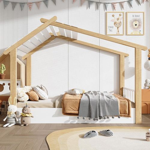 Kinderbett Holzhausdesign Kiefer + Spanplatte +MDF Jugendbett Holzbetten Einzelbett 90x200cm Weiß+Natur