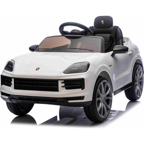 Elektrisches Ride-On Auto Porsche Cayenne 12V mit Hinterradantrieb – Lizenzmodell (Einzelsitz), weiß, Lithium-Batterie, breiter Sitz, gefederte Achsen, 2,4 GHz Fernbedienung, MP3-Player mit USB-/AUX-Eingang, LED-Leuchten