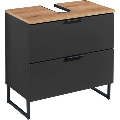 Waschbeckenunterschrank Denver , Schwarz, Eiche , Metall , 1 Fächer , 2 Schubladen , 60x60x35 cm , FSC , stehend , Badezimmer, Badezimmerschränke,