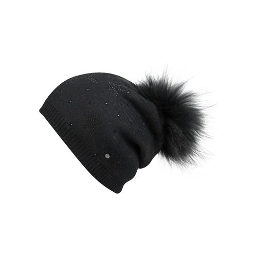 Bommelmütze CAPELLI NEW YORK, Damen, schwarz, Feinstrick, Materialmix, unifarben, Mützen, mit Fellbommel-Akzent