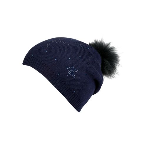 Bommelmütze CAPELLI NEW YORK, Damen, blau (navy), Feinstrick, Materialmix, unifarben, Mützen, mit Fellbommel-Akzent