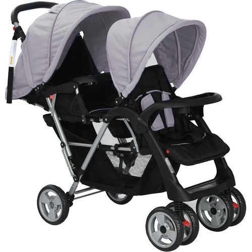 vidaXL Tandem-Kinderwagen Stahl Grau und Schwarz