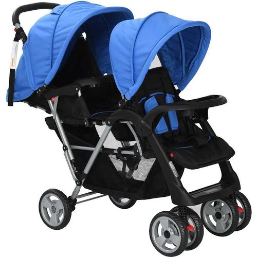 vidaXL Tandem-Kinderwagen Stahl Blau und Schwarz