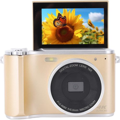 4K Digitalkamera mit 3 Zoll Flip Screen 64MP HD 16X Digitalzoom Autofokus Digitalkamera mit Weitwinkelobjektiv für Fotografie Gold