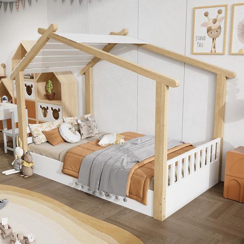 Kinderbett Holzhausdesign Kiefer + Spanplatte +MDF Jugendbett Holzbetten Einzelbett 90x200cm Weiß+Natur