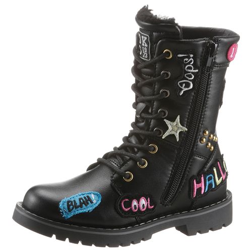 Schnürstiefel DOCKERS BY GERLI, Mädchen, Gr. 35, schwarz, Lederimitat, Schuhe, Boots mit bunten Patches, Topseller